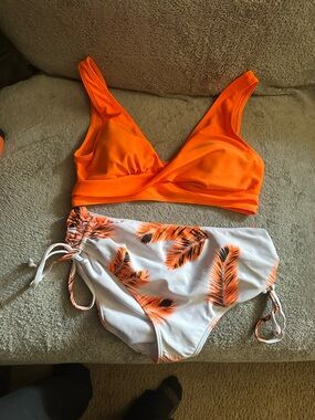 Neon Orange Bikini Set with Feather Print